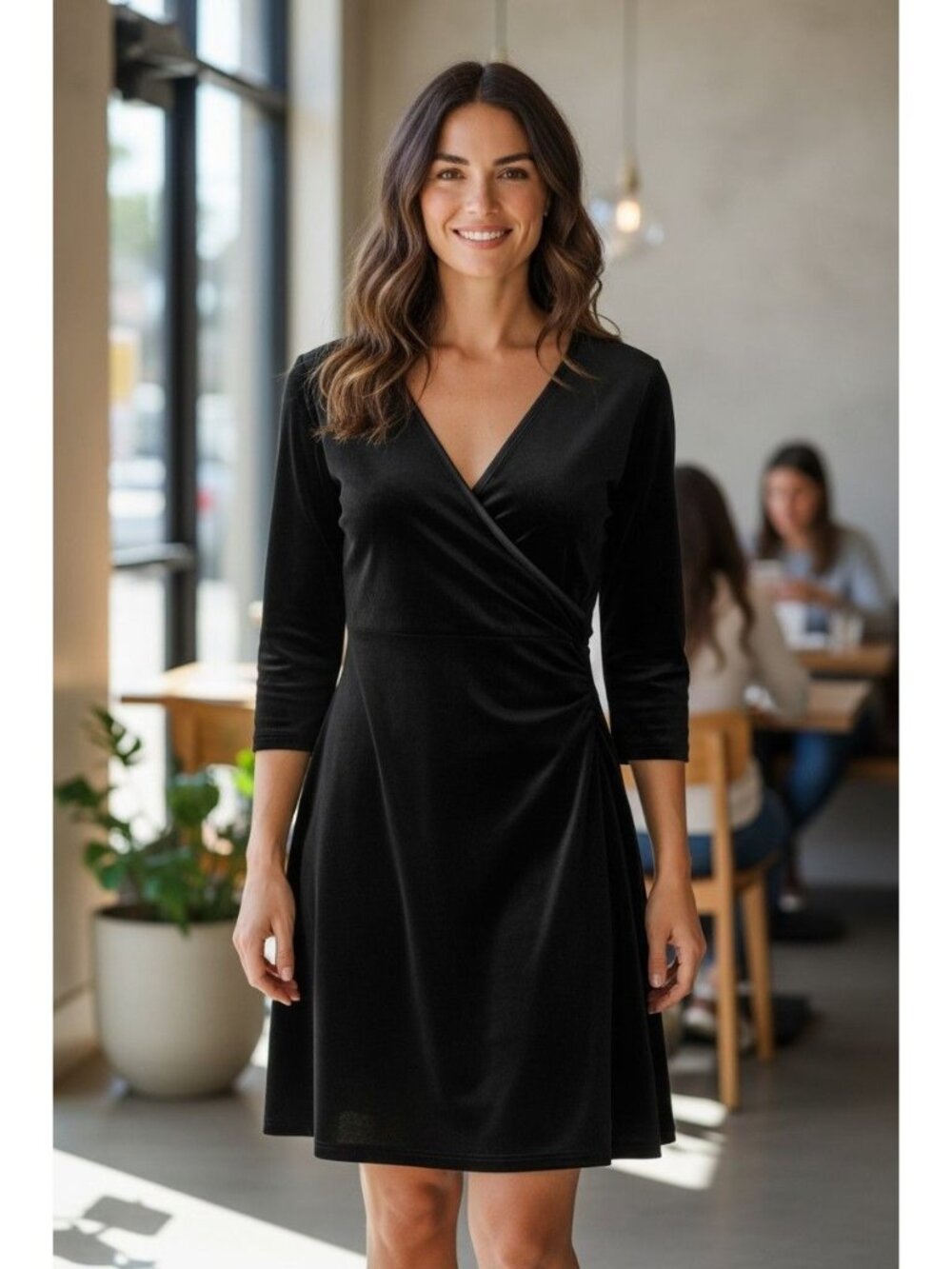 Black Velvet Velour Faux Wrap Dress‎ Size M Evening Luxury Holiday Party Wedding